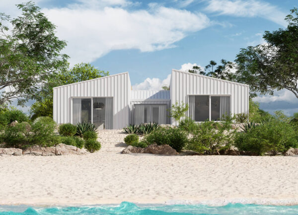 front view of pique's breeze 3 bedroom prefab homes design during the day in white